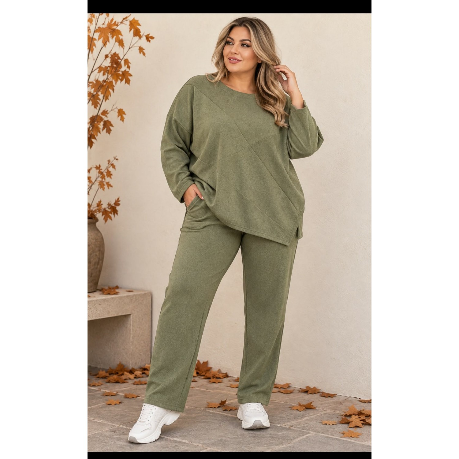 Plus Size Σετ Diagonal Χακί