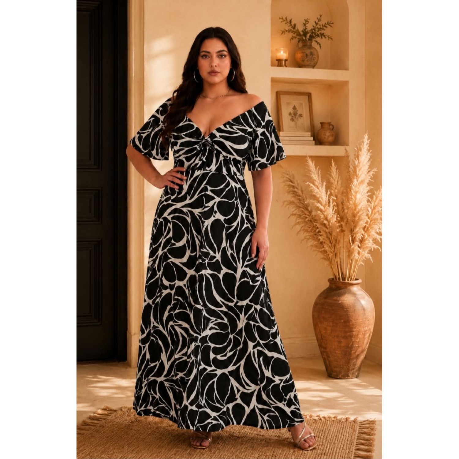 Plus Size Φόρεμα Grapefruit Μαύρο Εκρού