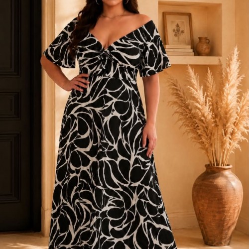Plus Size Φόρεμα Grapefruit Μαύρο Εκρού