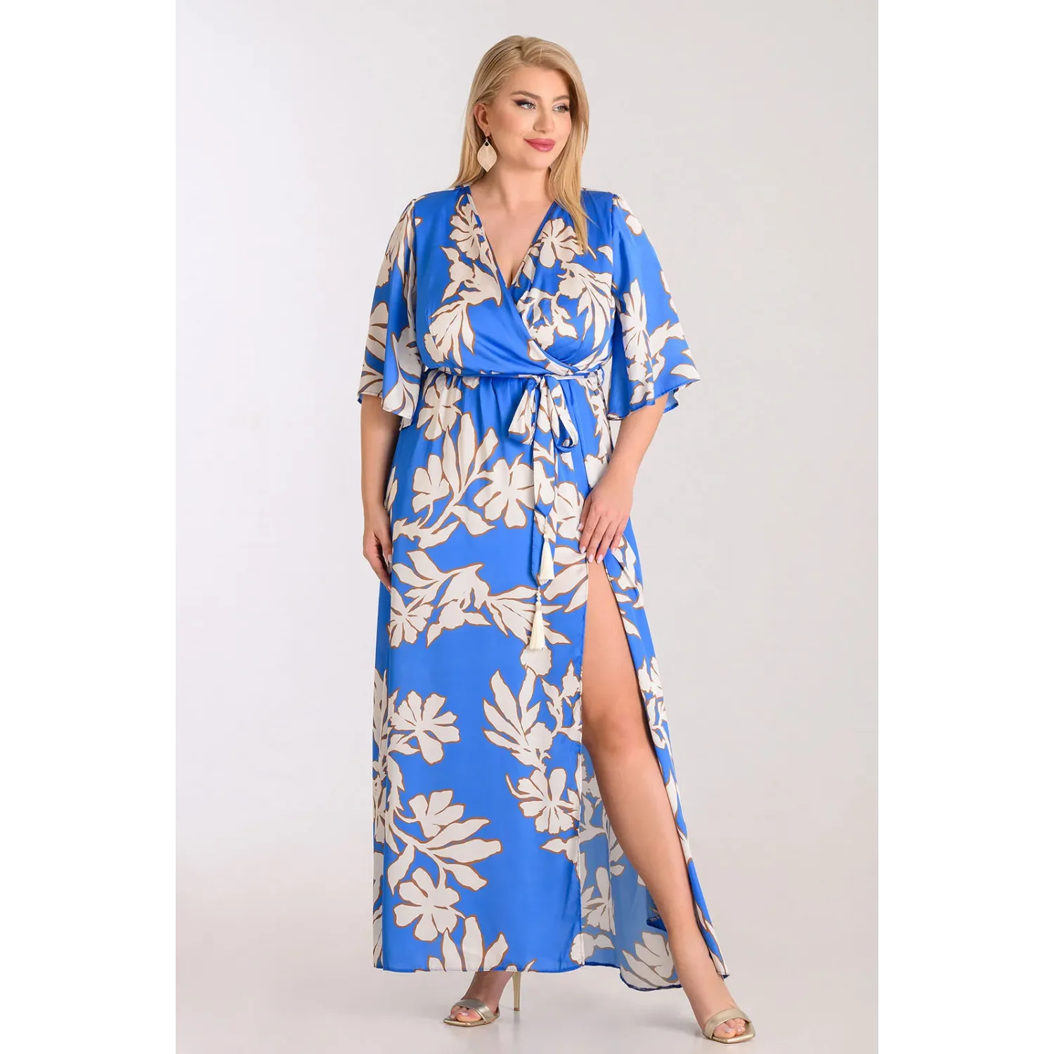 Plus Size Φόρεμα Σατέν Κρουάζε Ρουά Λουλούδια