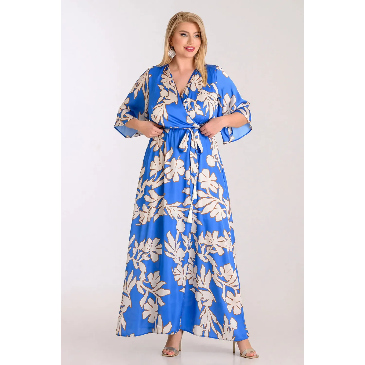 Plus Size Φόρεμα Σατέν Κρουάζε Ρουά Λουλούδια