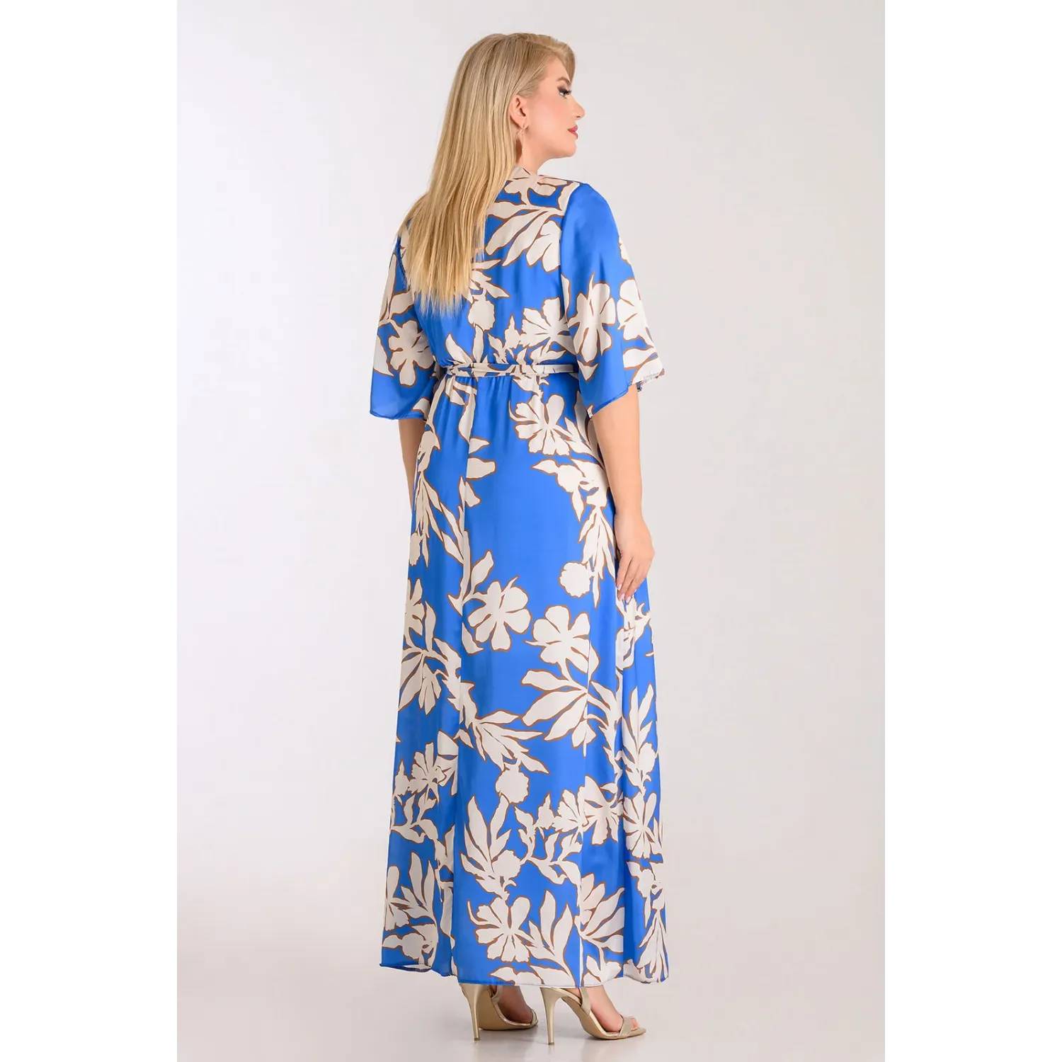 Plus Size Φόρεμα Σατέν Κρουάζε Ρουά Λουλούδια