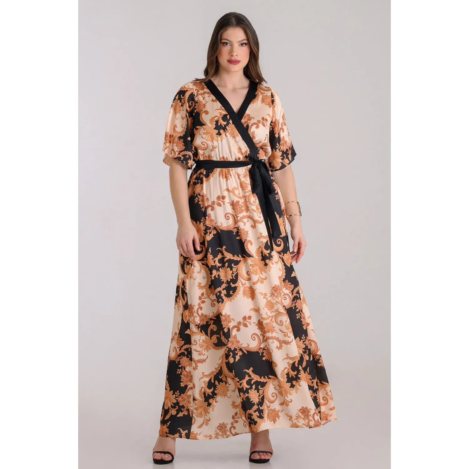 Plus Size Φόρεμα Σατέν Κρουαζέ Μαύρο Χρυσό