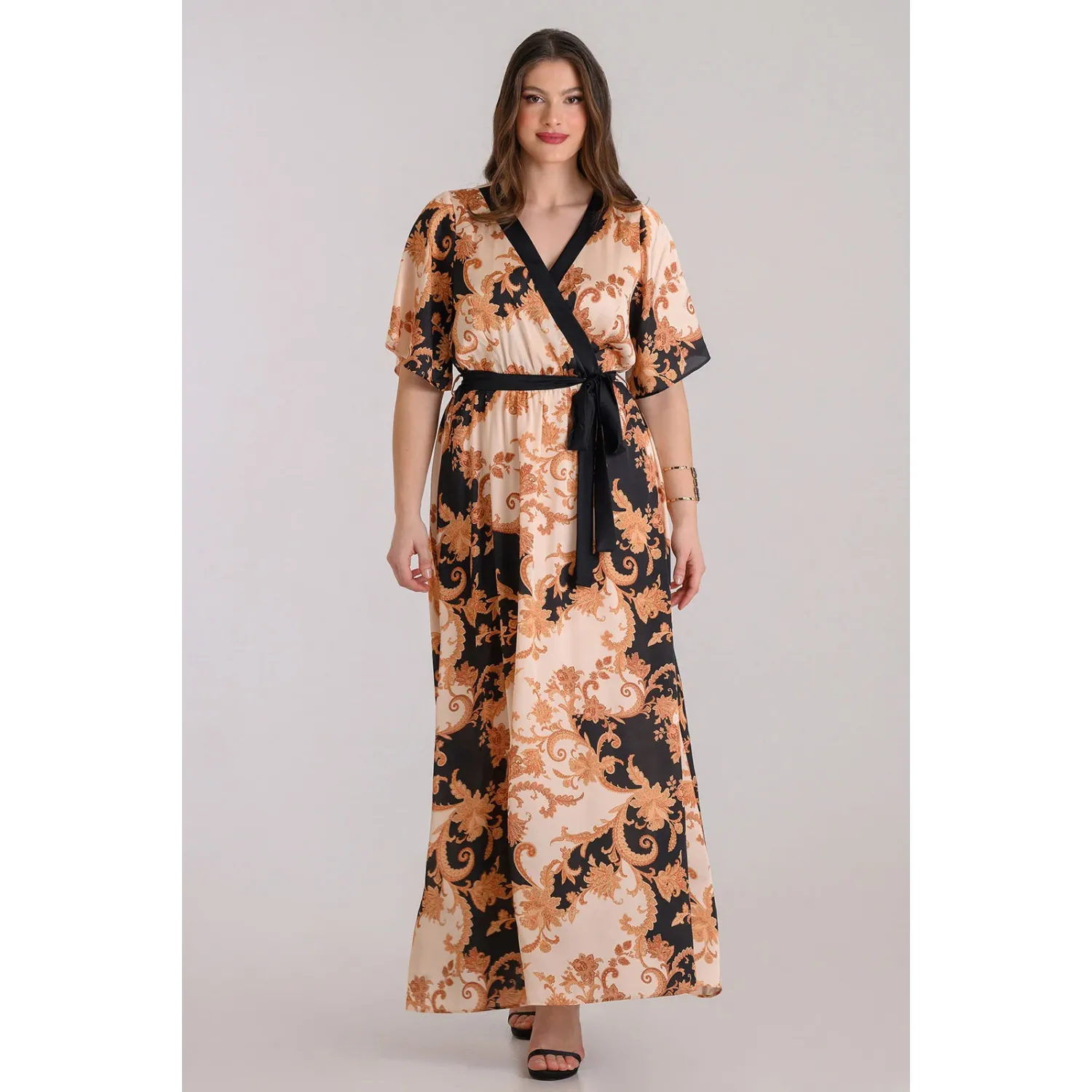 Plus Size Φόρεμα Σατέν Κρουαζέ Μαύρο Χρυσό