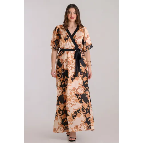 Plus Size Φόρεμα Σατέν Κρουαζέ Μαύρο Χρυσό