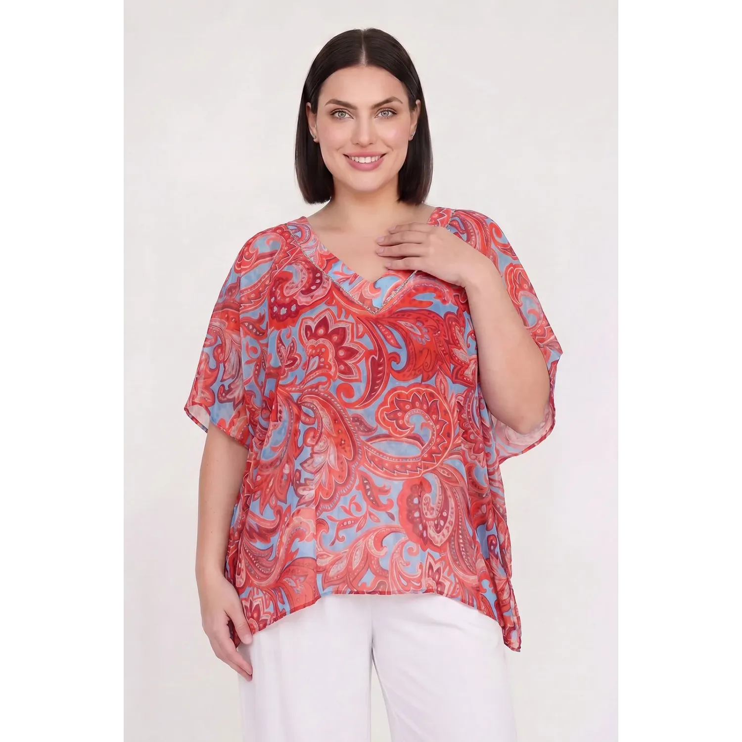 Plus Size Μπλούζα Μουσελίνα Κοραλί Σιέλ