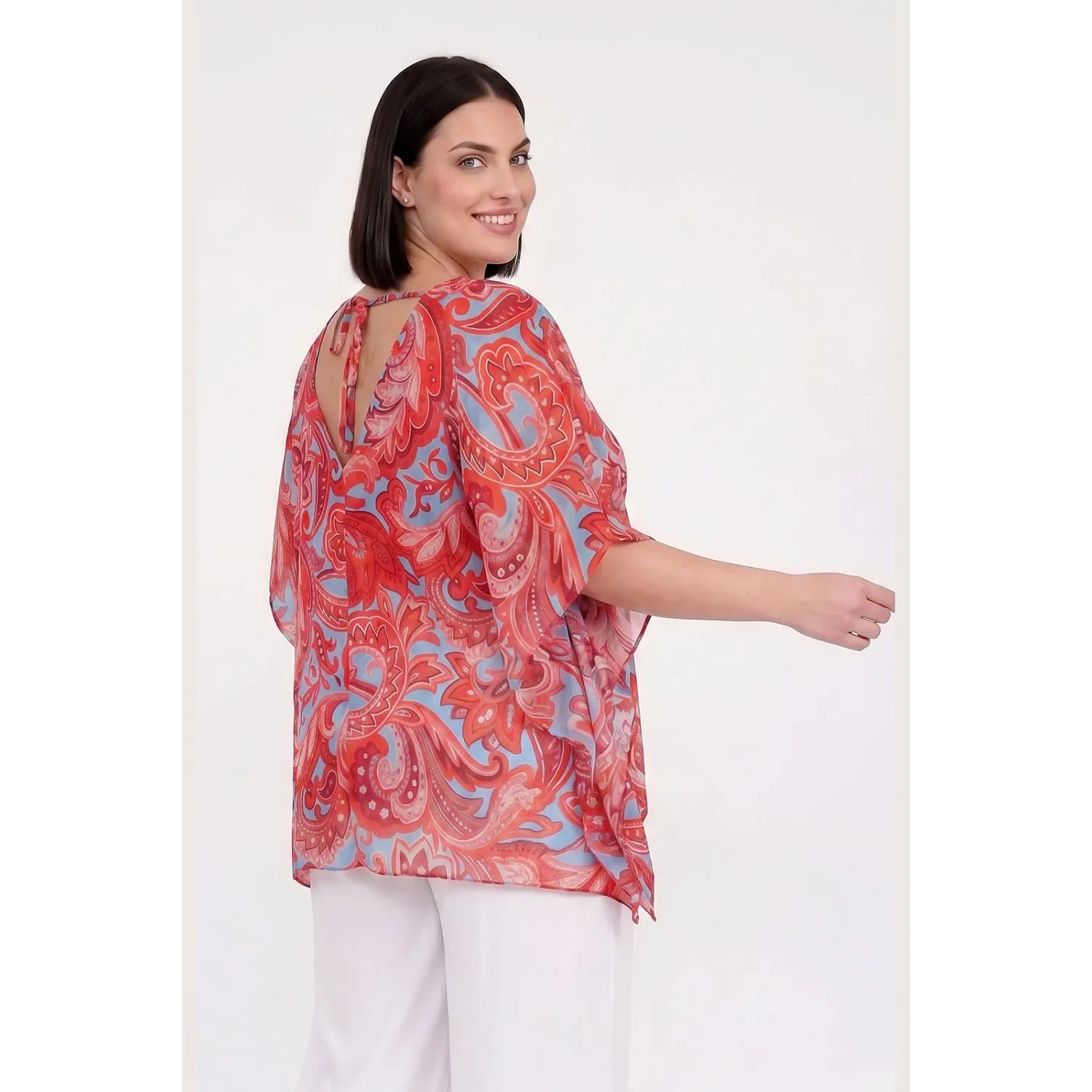 Plus Size Μπλούζα Μουσελίνα Κοραλί Σιέλ