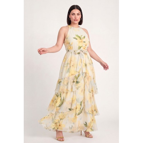 Plus Size Φόρεμα Μουσελίνα Κίτρινο