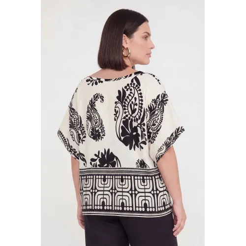 Plus Size Μπλούζα Τύπου Λινό Εκρο΄υ Μαύρο