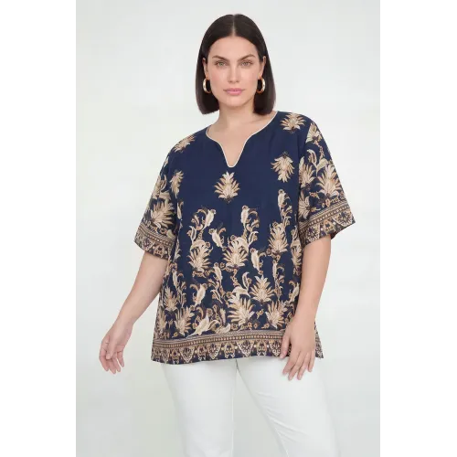 Plus Size Μπλούζα Τύπου Λινό Μπλε