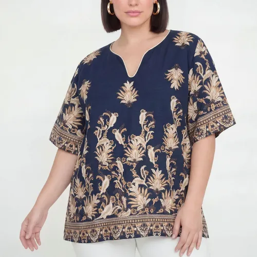 Plus Size Μπλούζα Τύπου Λινό Μπλε