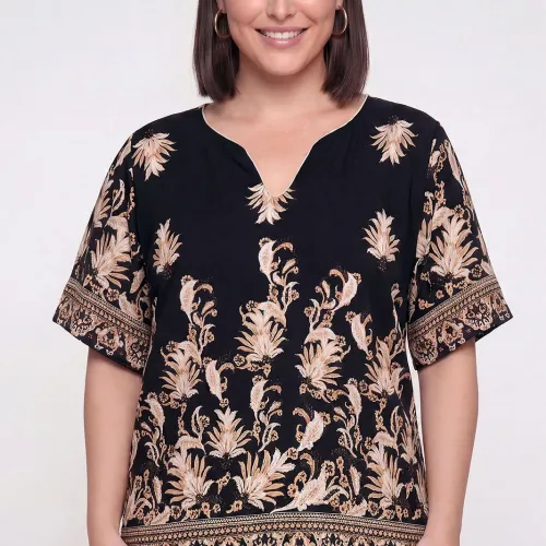 Plus Size Μπλούζα Τύπου Λινό Μαύρο