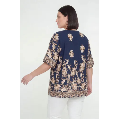 Plus Size Μπλούζα Τύπου Λινό Μπλε