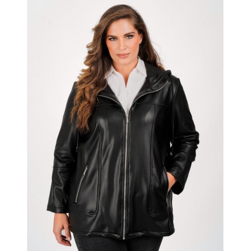 Plus SIze Μπουφάν Δερματίνης Μαύρο