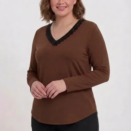 Plus Size Μπλούζα Με Suede Καφέ