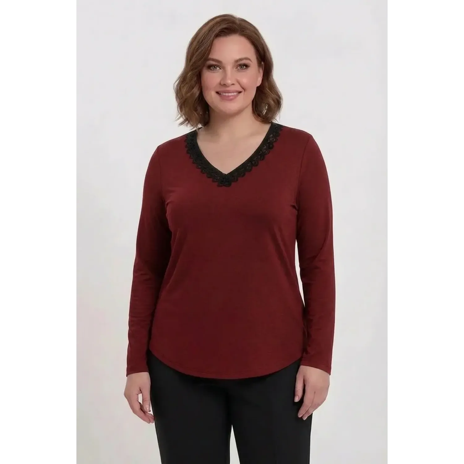 Plus Size Μπλούζα Με Suede Μπορντώ