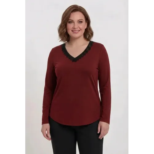 Plus Size Μπλούζα Με Suede Μπορντώ