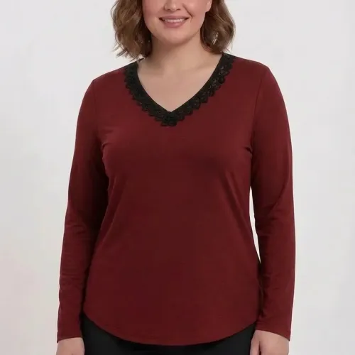 Plus Size Μπλούζα Με Suede Μπορντώ