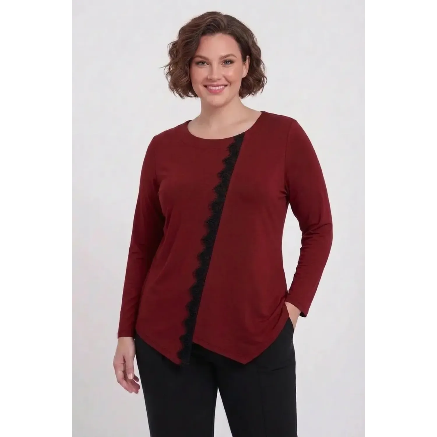 Plus Size Μπλούζα Με Δαντέλα Μπορντώ