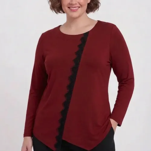 Plus Size Μπλούζα Με Δαντέλα Μπορντώ
