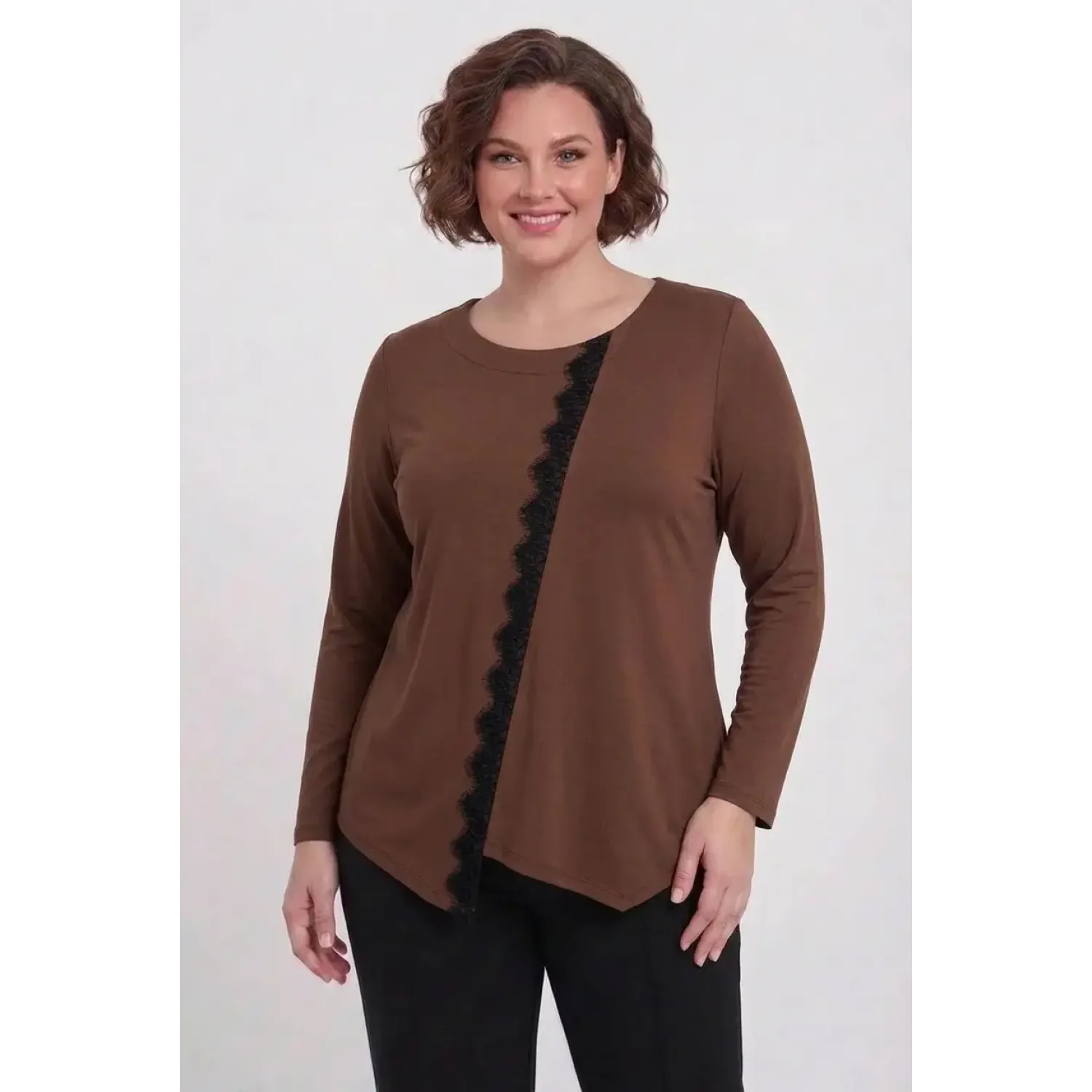 Plus Size Μπλούζα Με Δαντέλα Καφέ
