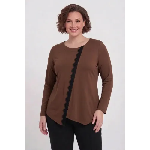 Plus Size Μπλούζα Με Δαντέλα Καφέ