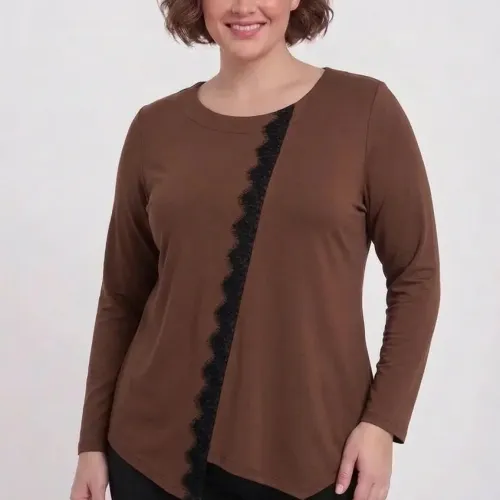 Plus Size Μπλούζα Με Δαντέλα Καφέ