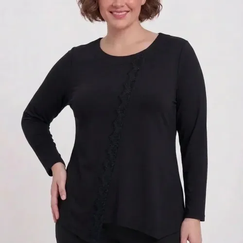 Plus Size Μπλούζα Με Δαντέλα Μαύρο