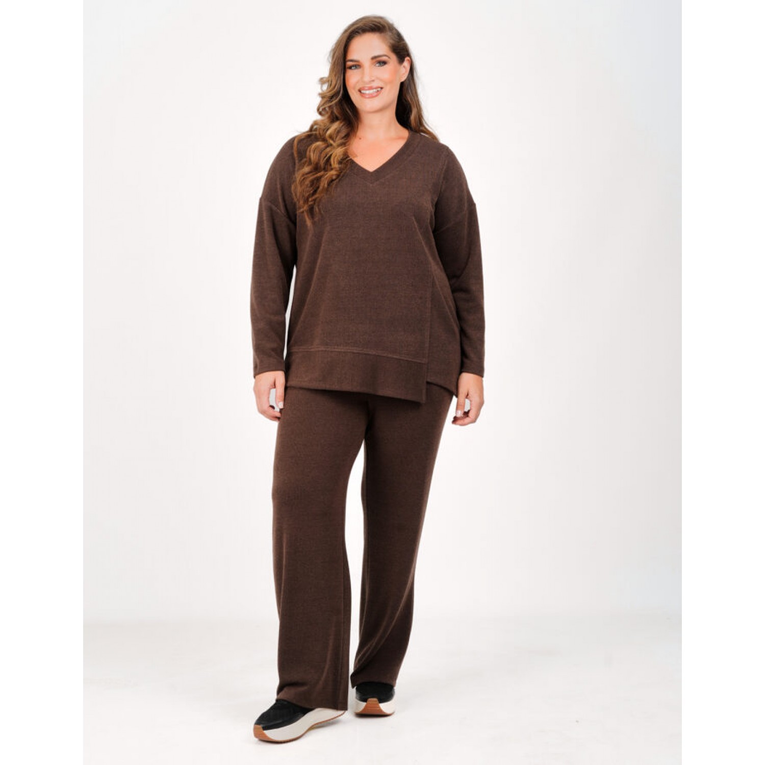 Plus Size Σετ Πλεκτό Rib Καφέ