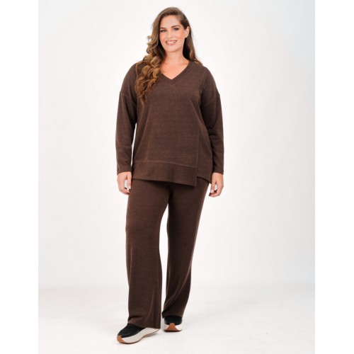Plus Size Σετ Πλεκτό Rib Καφέ