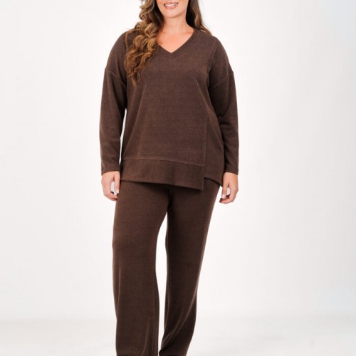 Plus Size Σετ Πλεκτό Rib Καφέ