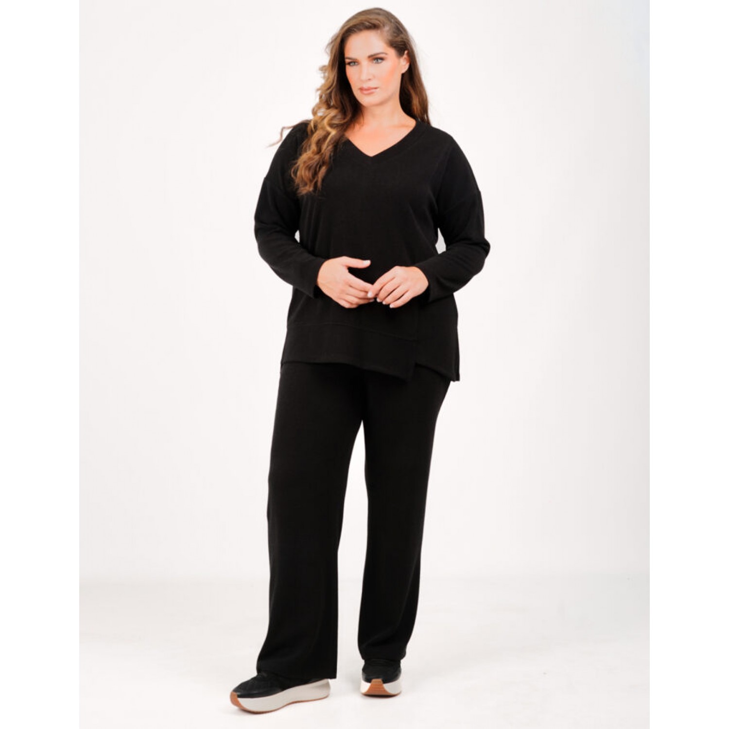 Plus Size Σετ Πλεκτό Rib Μαύρο
