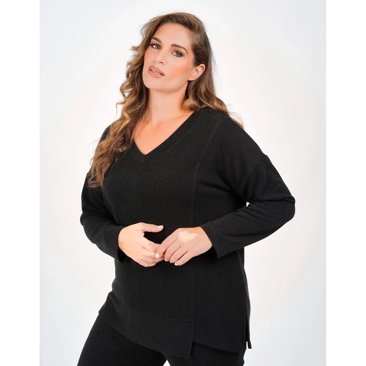 Plus Size Σετ Πλεκτό Rib Μαύρο