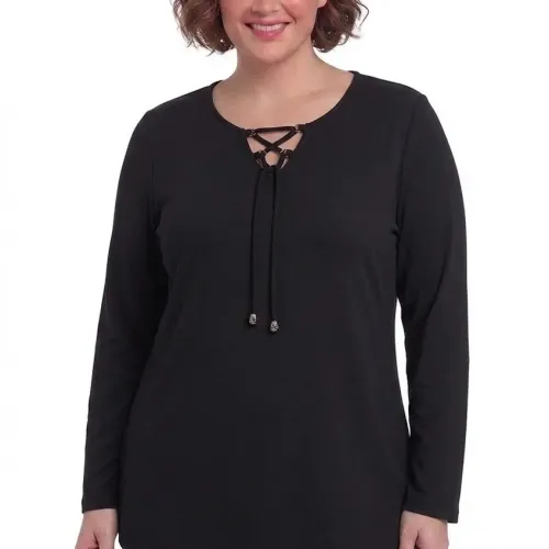 Plus Size Μπλούζα Πλεκτή Κορδόνι Μαύρο