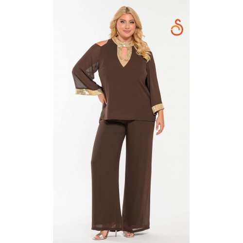 Plus Size Σετ Μουσελίνα Καφέ Χρυσό