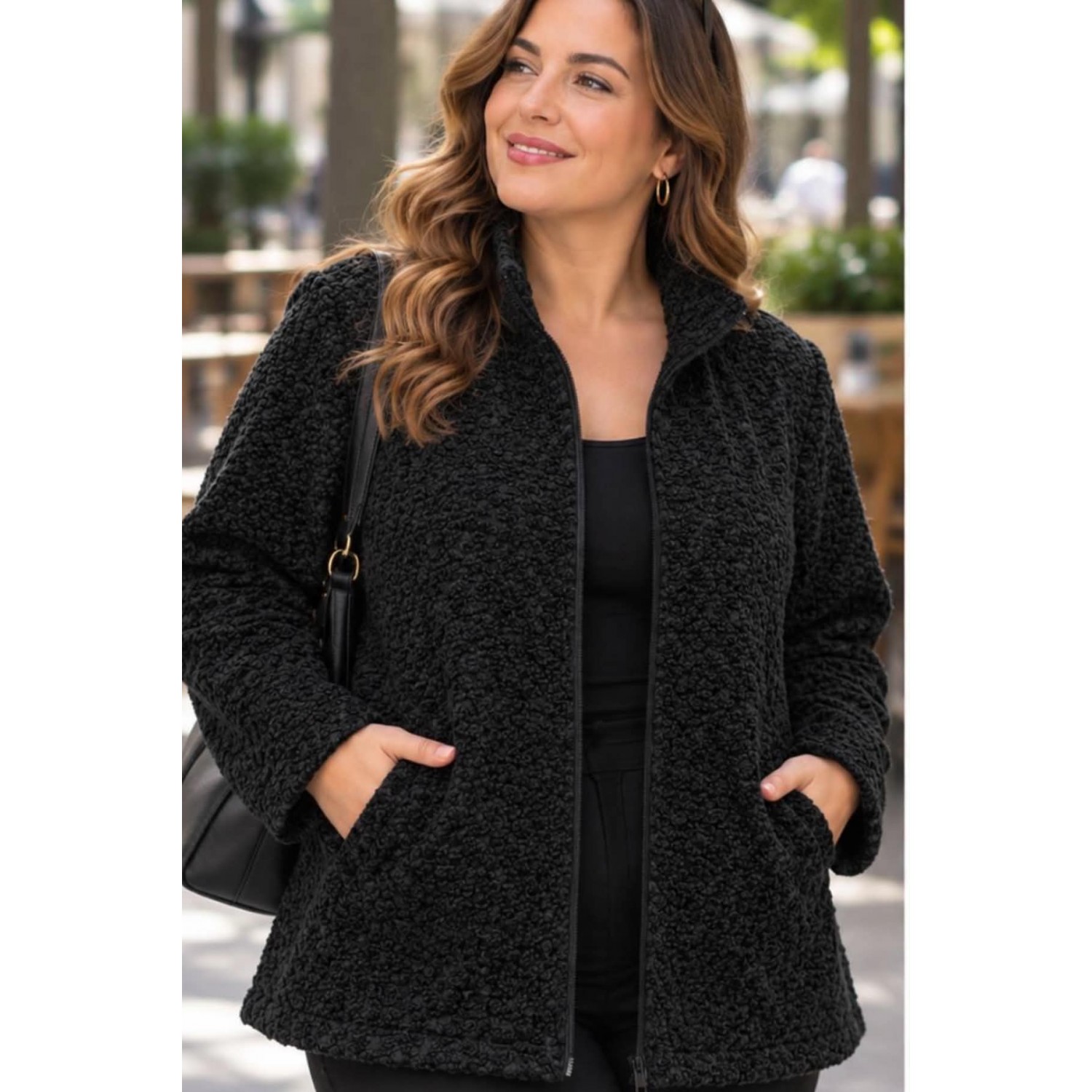 Plus Size Ζακέτα Bouclé με Φερμουάρ Μαύρο