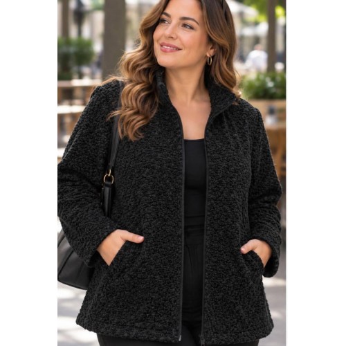 Plus Size Ζακέτα Bouclé με Φερμουάρ Μαύρο