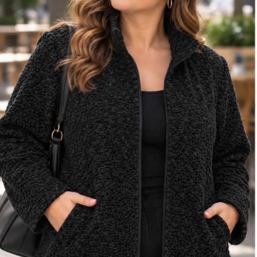 Plus Size Ζακέτα Bouclé με Φερμουάρ Μαύρο