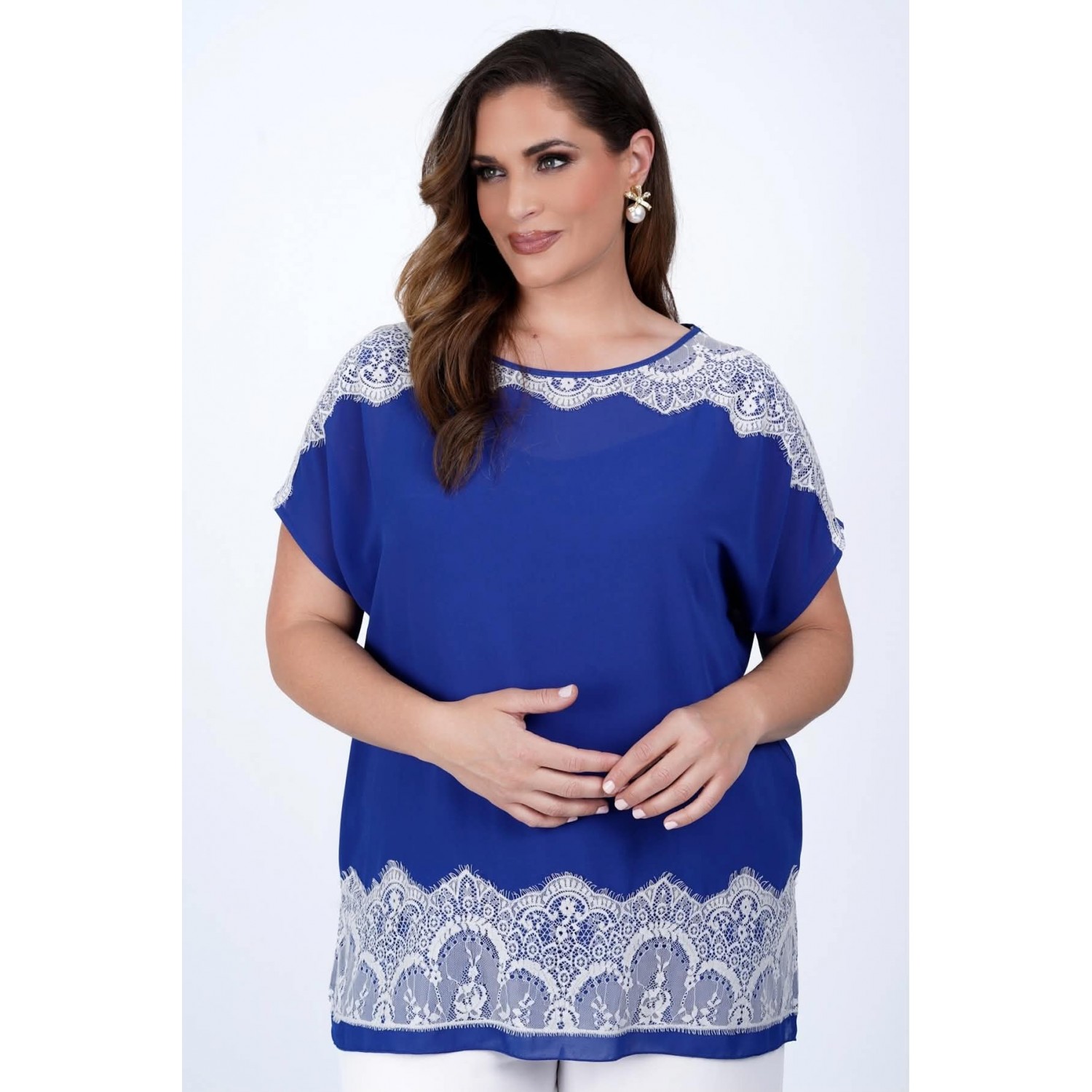 Plus Size Μπλούζα Με Δαντέλα Ρουά