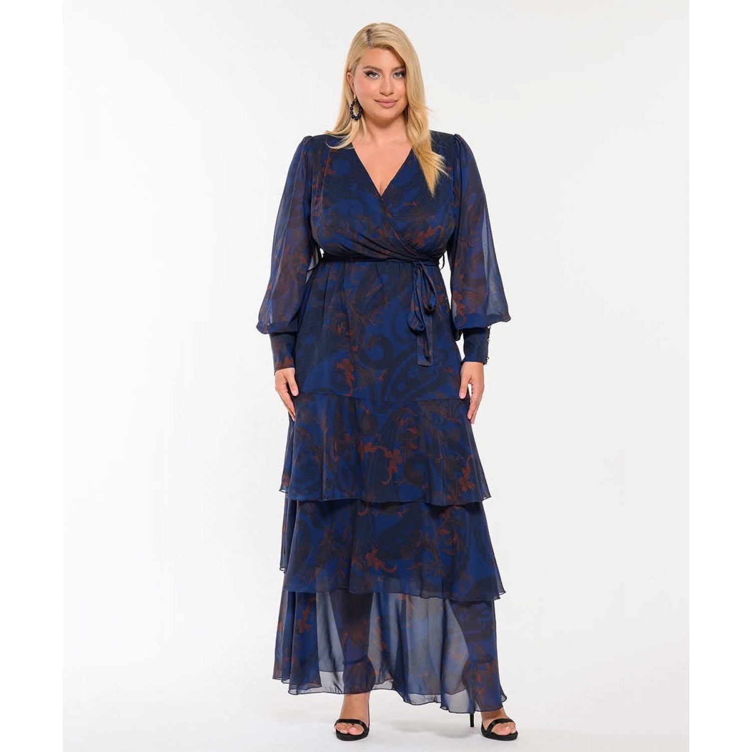 Plus Size Μάξι Φόρεμα Κρουαζέ Με Βολάν Μπλε Εκάι