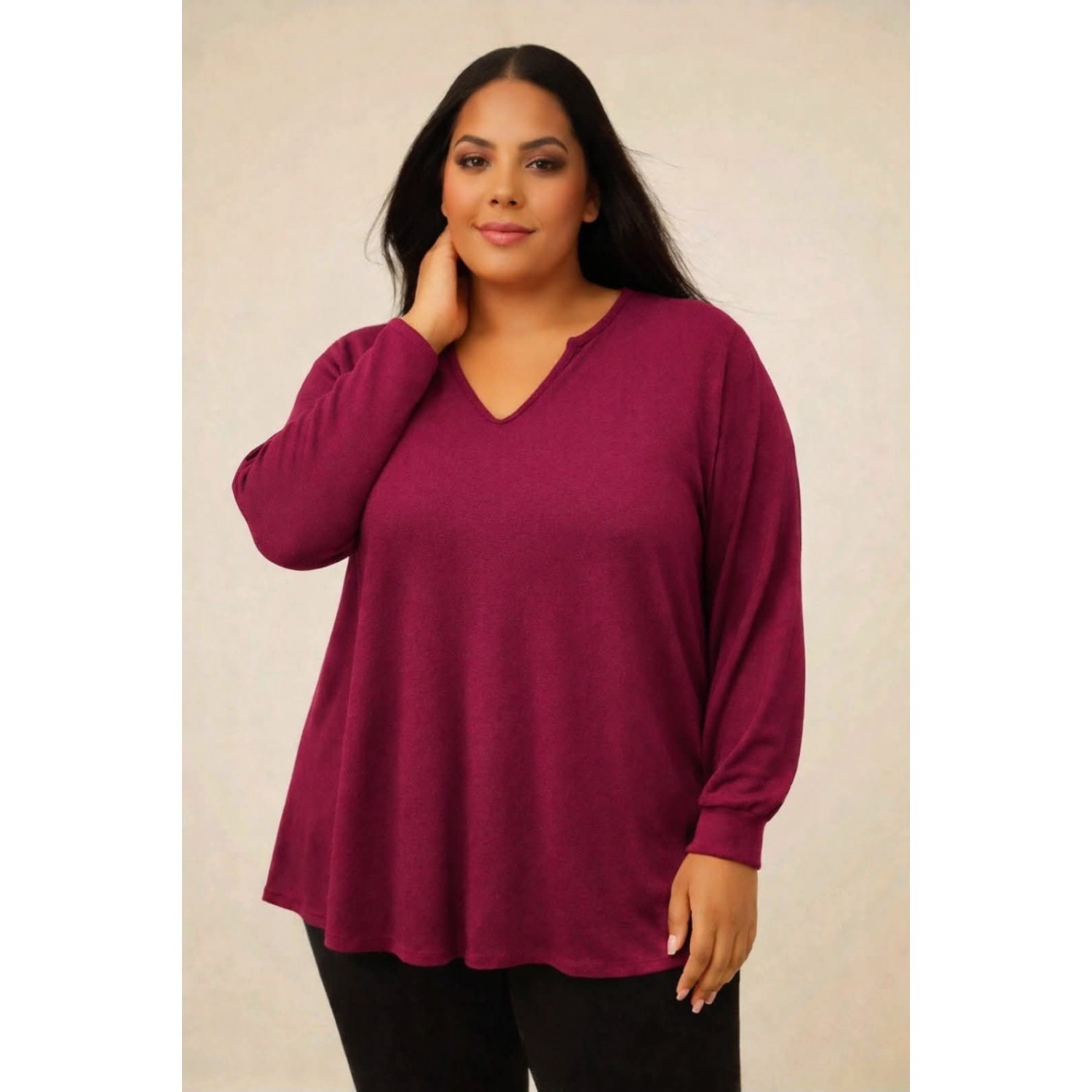 Plus Size Μπλούζα Basic Πλεκτή Μπορντώ