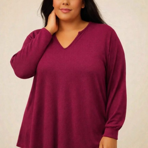 Plus Size Μπλούζα Basic Πλεκτή Μπορντώ
