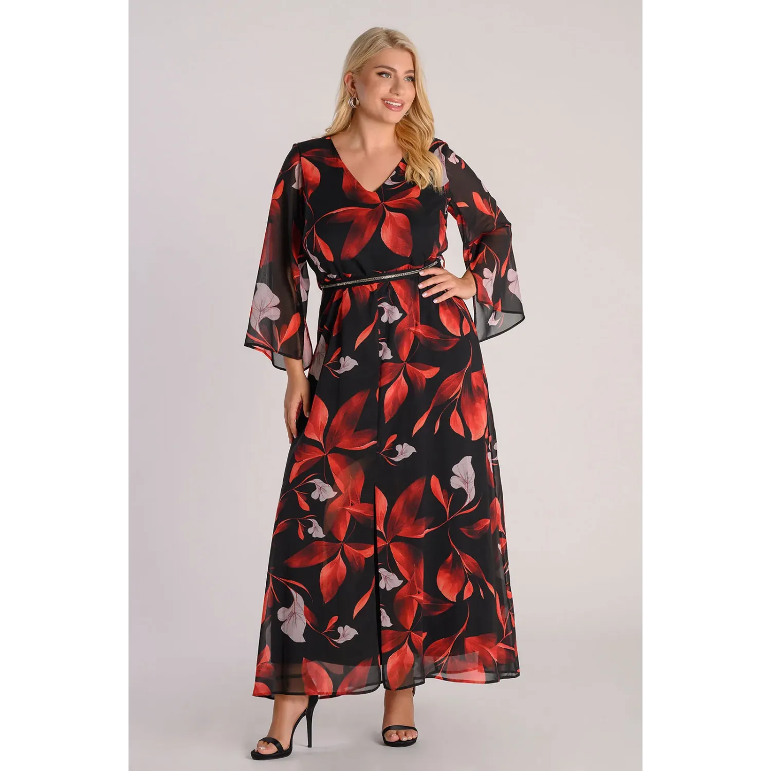 Plus Size Φόρεμα Μουσελίνα Μαύρο Κόκκινο