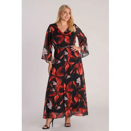 Plus Size Φόρεμα Μουσελίνα Μαύρο Κόκκινο