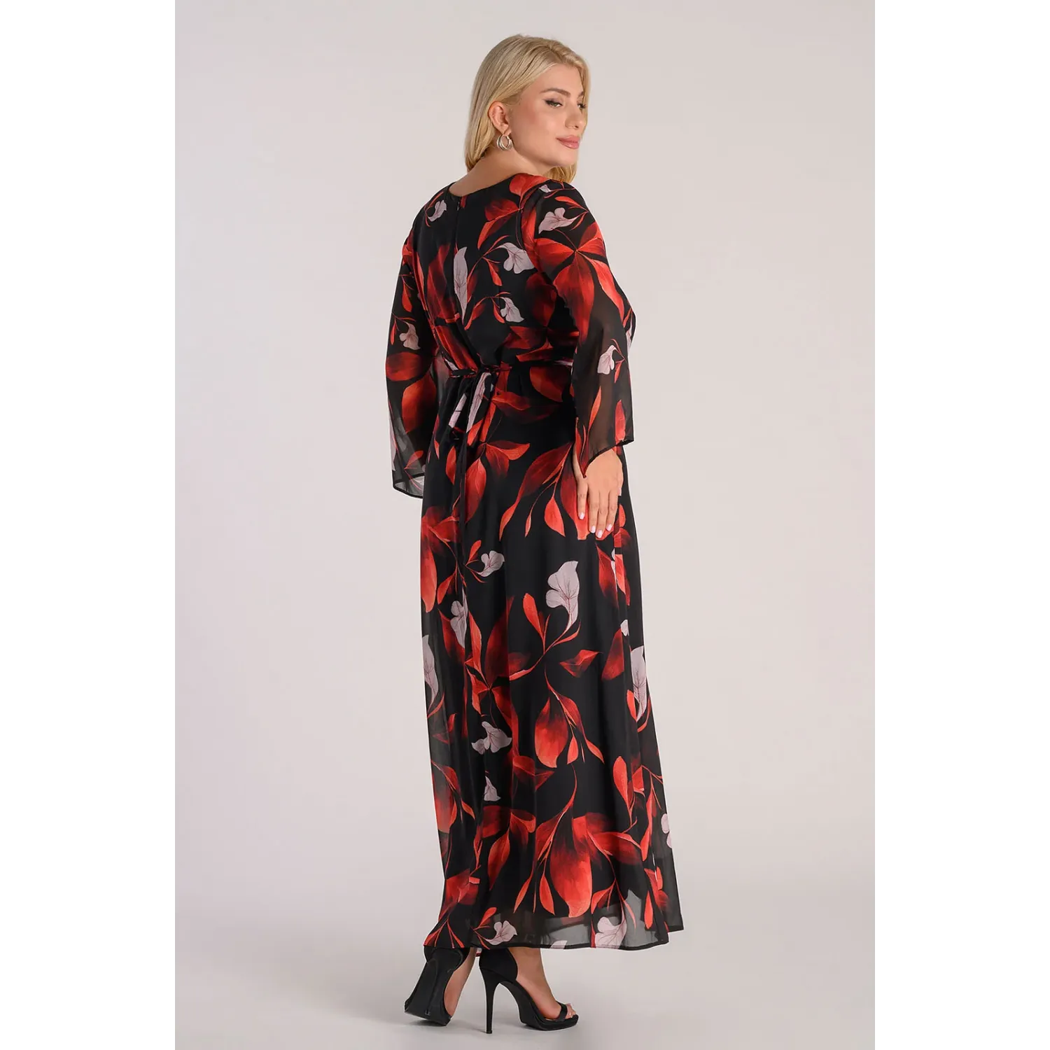 Plus Size Φόρεμα Μουσελίνα Μαύρο Κόκκινο
