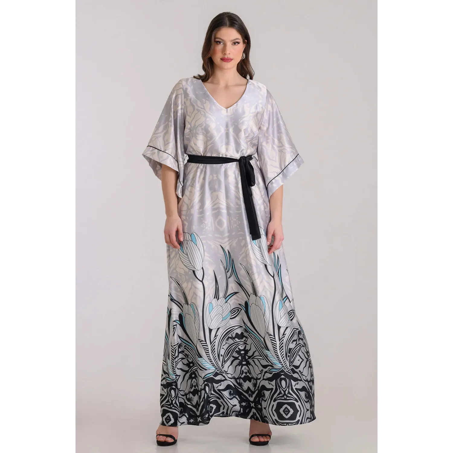Plus Size Φόρεμα Σατέν Εκρού Γκρι