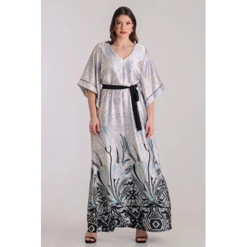 Plus Size Φόρεμα Σατέν Εκρού Γκρι
