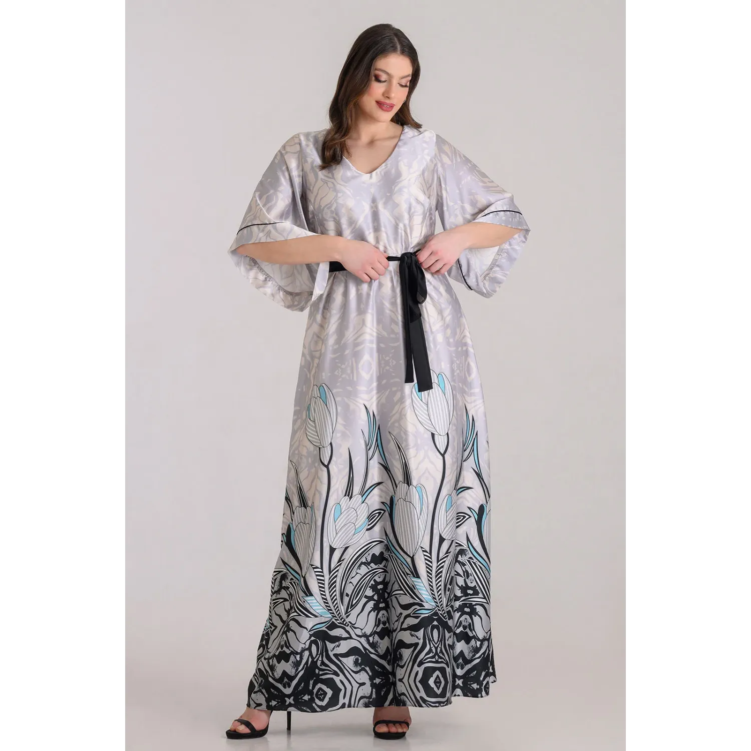 Plus Size Φόρεμα Σατέν Εκρού Γκρι