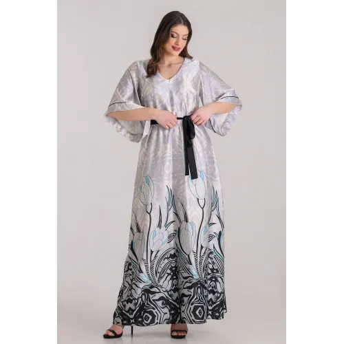 Plus Size Φόρεμα Σατέν Εκρού Γκρι
