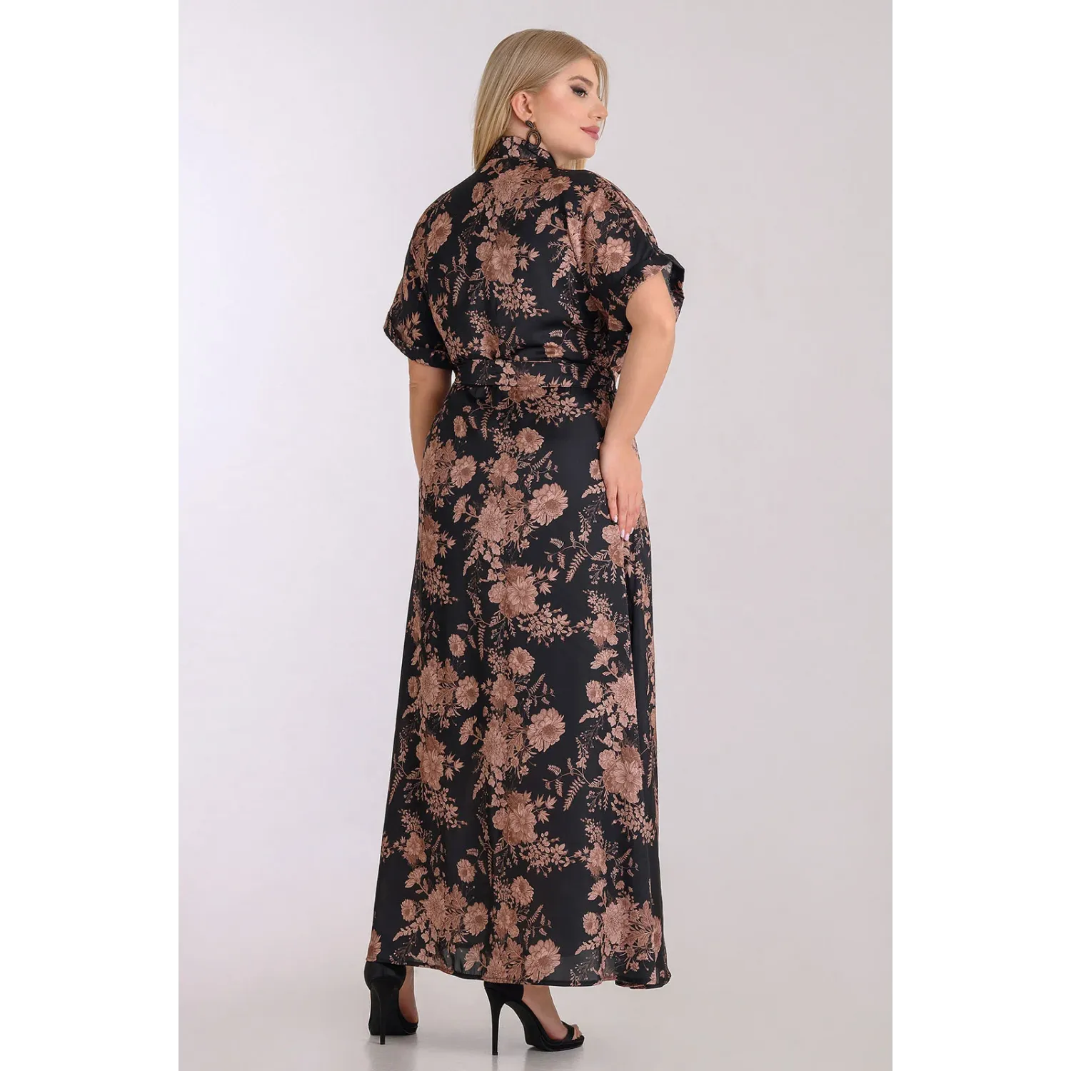 Plus Size Φόρεμα Σατέν Σεμιζιέ Μαύρο Καφέ